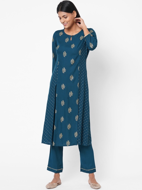 

Os Women Blue & Gold-Toned Printed Kurta with Trousers