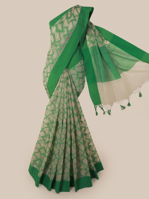 

Pothys Cream-Coloured & Green Supernet Printed Saree
