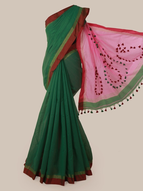 

Pothys Green & Pink Cotton Blend Solid Saree