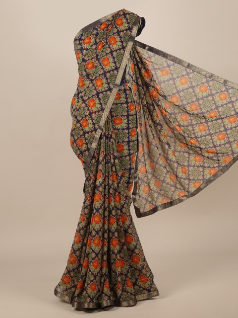 Pothys Blue Printed Poly Chiffon Saree