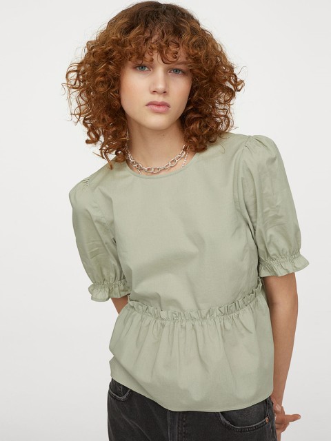 

H&M Women Green Cotton Peplum Top