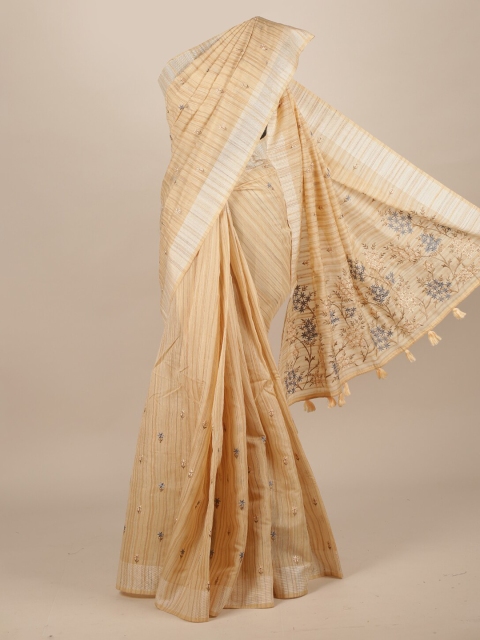 

Pothys Cream-Coloured Striped Jute Silk Saree