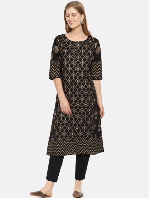 

Instafab Women Black & Golden Ethnic Print Straight Kurta with Trousers