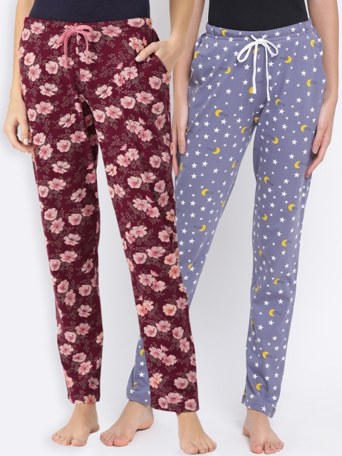 

Kanvin Women Pack of 2 Printed Pure Cotton Lounge Pants, Maroon