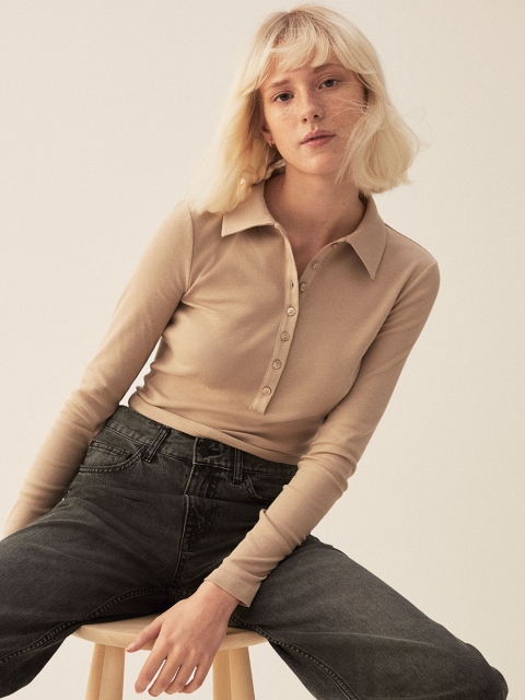 

H&M Women Beige Collared Ribbed Top