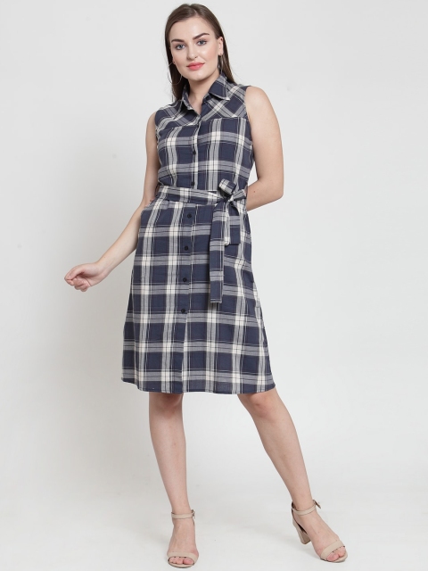 

Purple State Women Blue & Grey Checked Cotton Shirt Dress with Belt