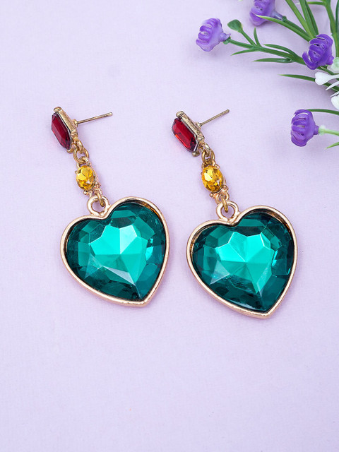 

Golden Peacock Green & Red Stone-Studded Heart Shaped Drop Earrings
