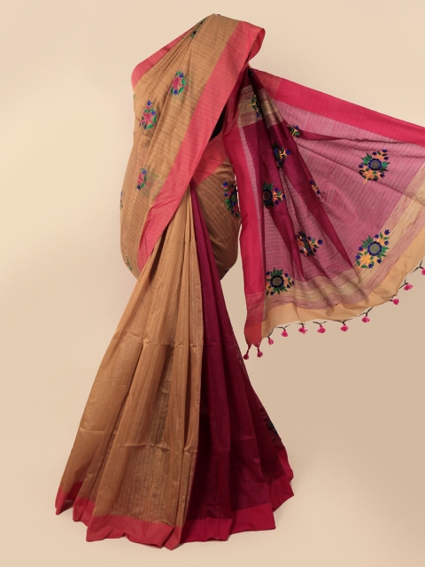 

Pothys Cream-Coloured & Pink Cotton Blend Embroidered Saree