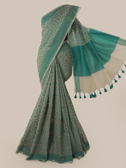 

Pothys Green & Cream-Coloured Supernet Printed Saree With Tasseled Pallu