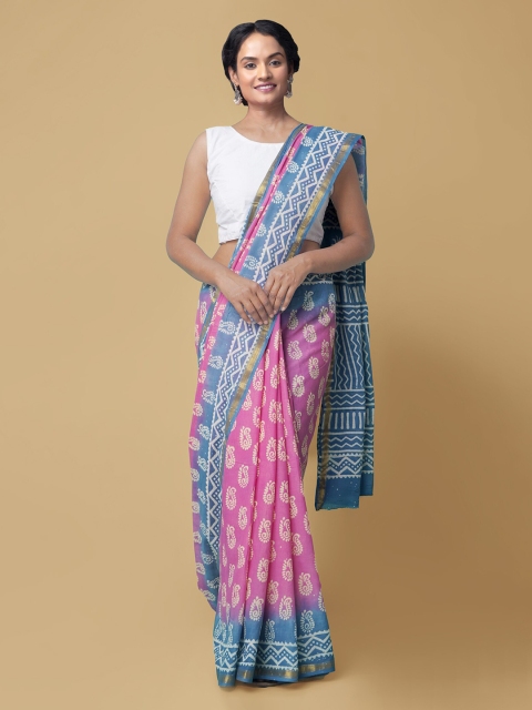 

Unnati Silks Pink & Blue Pure Cotton Printed Block Print Saree