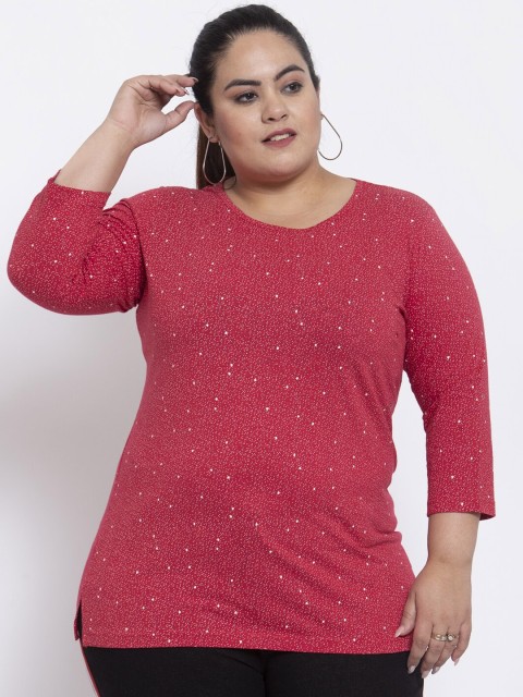 

plusS Women Plus Size Red & White Geometric Print Round Neck Cotton T-shirt