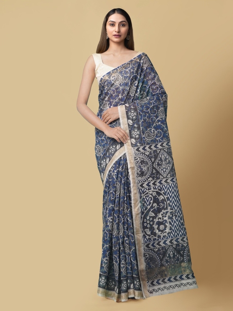 

Unnati Silks Blue Silk Cotton Printed Chanderi Saree