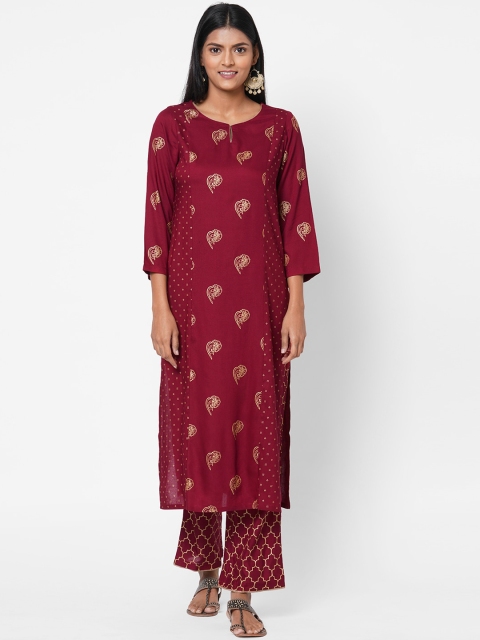 

Os Women Maroon Printed Kurta with Trousers