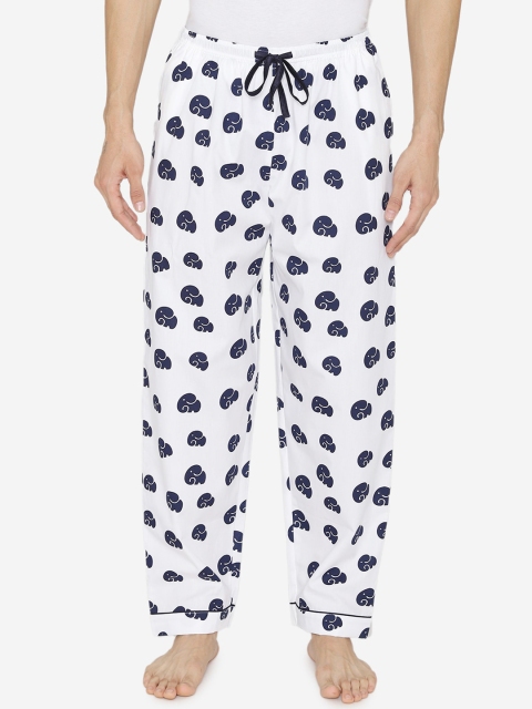 

Fluffalump Men White & Navy Blue Printed Cotton Lounge Pants