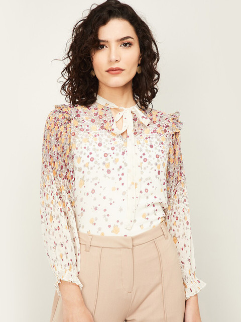 

CODE by Lifestyle White & Beige Floral Printed Tie-Up Neck Puff Sleeves Regular Top