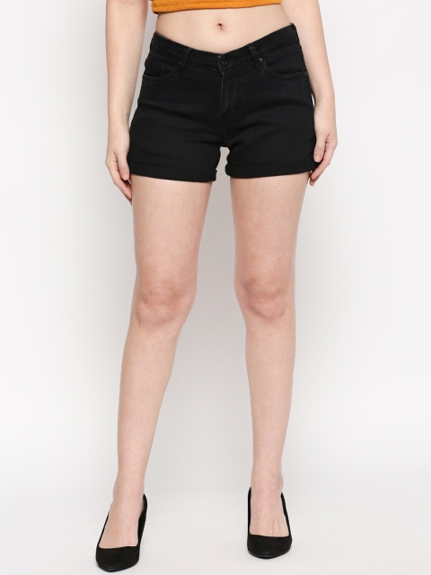 

People Women Black Solid Regular Fit Denim Shorts