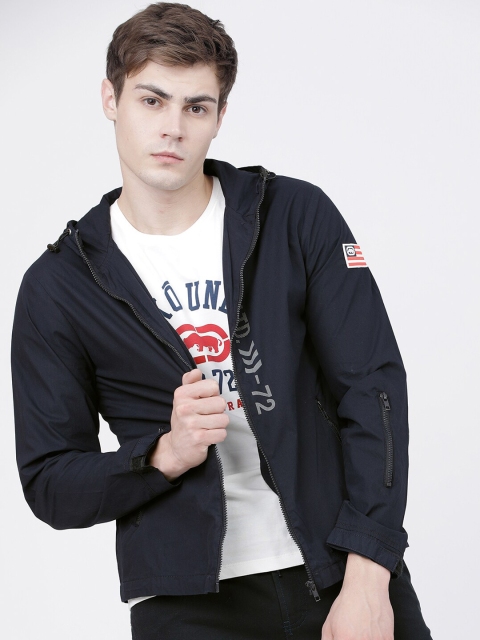 

Ecko Unltd Men Navy Blue Solid Cotton Hooded Tailored Jacket