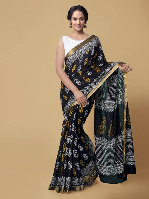 

Unnati Silks Black Pure Cotton Printed Block Print Sustainable Saree