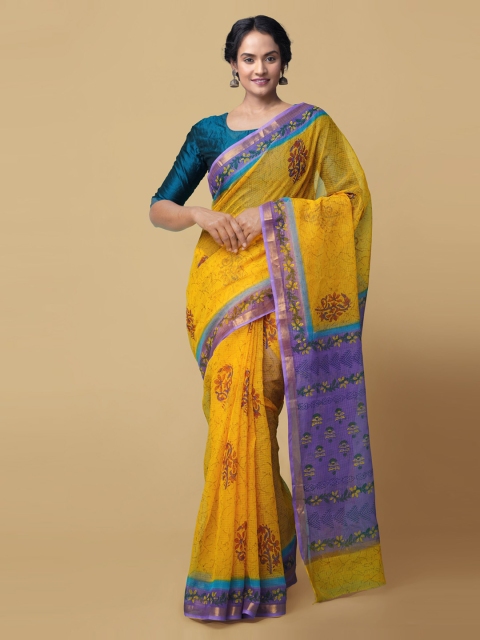 

Unnati Silks Yellow & Purple Pure Cotton Printed Kota Saree