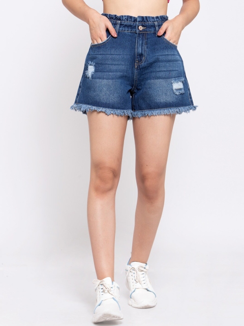 

iki chic Womens High Rise Ruffled Waist Denim Shorts, Blue