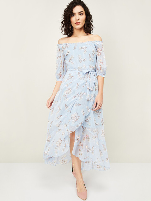 

CODE by Lifestyle Women Blue & Beige Floral Print Front Slit A-Line Dress