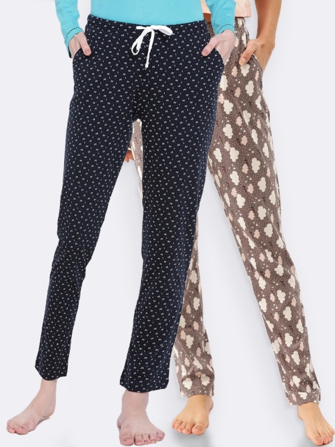 

Kanvin Women Pack of 2 Printed Pure Cotton Lounge Pants, Brown