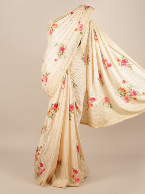 Pothys Cream-Coloured Pure Silk Printed Tussar Saree
