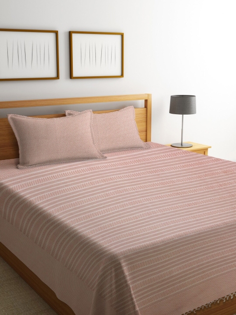 

NEUDIS Brown Striped Hand-Woven Jacquard Double Bed Cover With 2 Pillow Covers