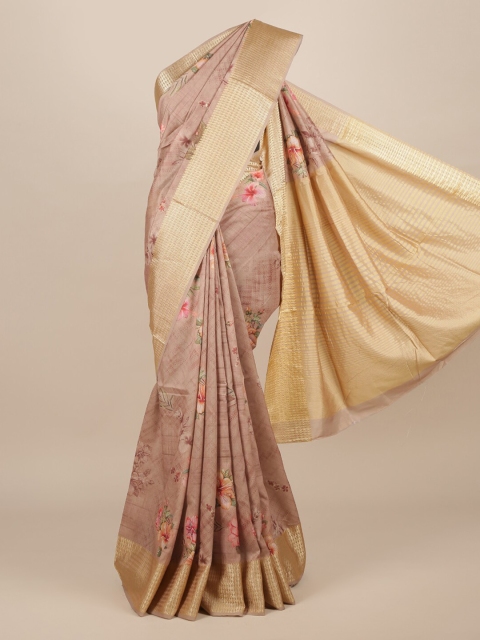 Pothys Brown & Gold-Toned Jute Silk Printed Saree