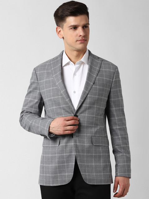 

Peter England Elite Men Grey & White Checked Slim-Fit Single-Breasted Formal Blazer