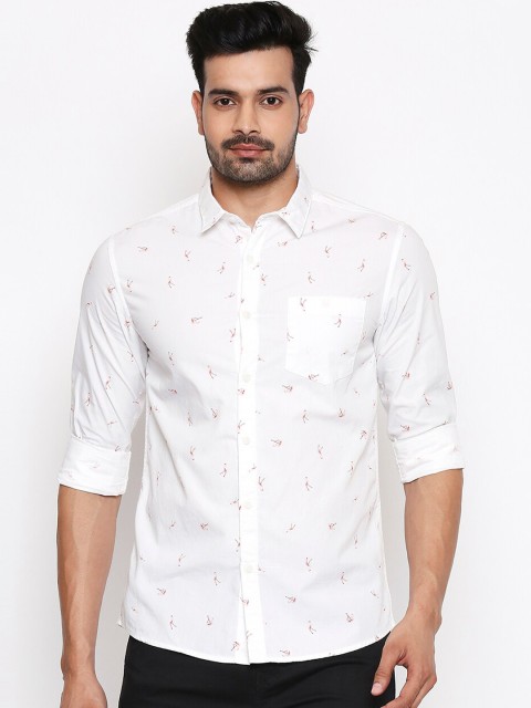 

People Men White & Pink Flamingo Print Slim Fit Casual Cotton Shirt