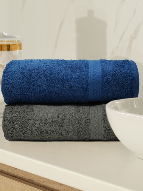 

Trident Unisex Grey & Blue Set of 2 Solid 400 GSM Bath Towel