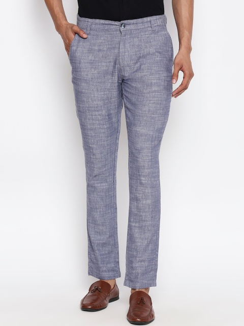 

People Men Navy Blue Slim Fit Self Design Formal Trousers