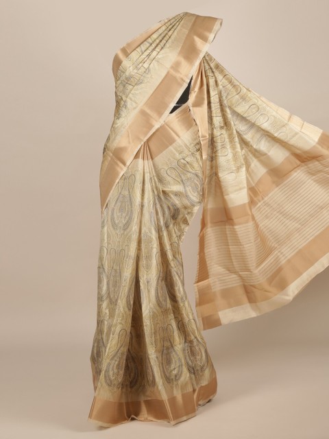 

Pothys Cream-Coloured & Blue Jute Silk Printed Saree