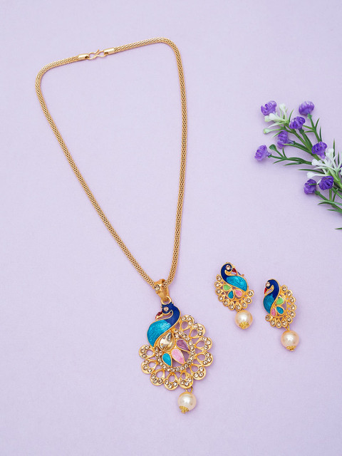 

Golden Peacock Gold-Toned & Blue Studded Meenakari Peacock Shaped Jewellery Set