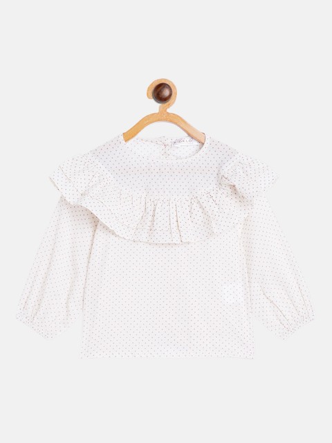 

KIDKLO Girls White & Pink Polka Dots Printed Puff Sleeves Pure Cotton Ruffle Top