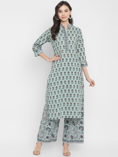 

ZOEYAMS Women Sea Green & Grey Floral Print Mandarin Collar Cotton Kurta