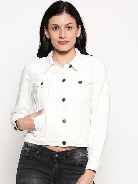 

People Women White Solid Denim Jacket