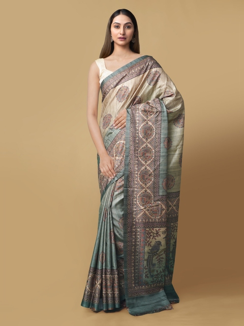 

Unnati Silks Beige & Grey Geometric Block Print Pure Silk Saree