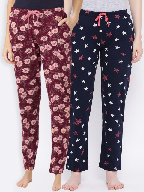 

Kanvin Women Pack of 2 Printed Pure Cotton Lounge Pants, Maroon