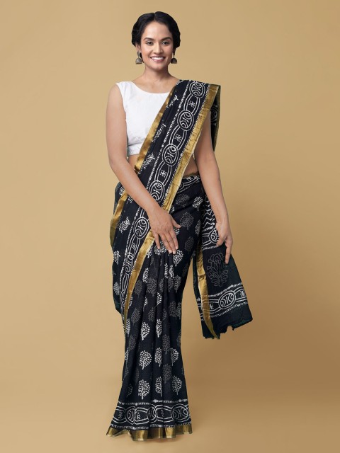 

Unnati Silks Black Pure Cotton Printed Block Print Saree