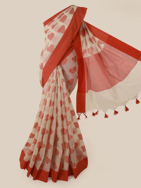 

Pothys Cream-Coloured & Red Supernet Printed Saree