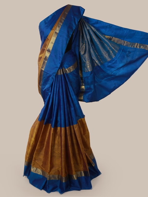 

Pothys Blue & Tan Brown Pure Silk Colourblocked Saree
