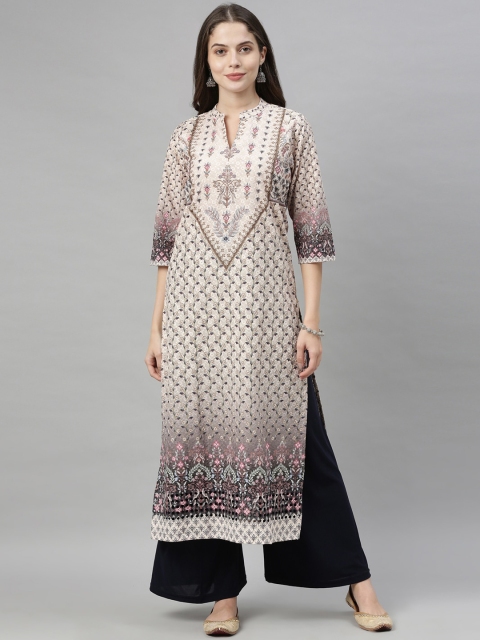 

Neerus Women Beige & Coffee Brown Ethnic Motifs Printed Thread Work Straight Cotton Kurta