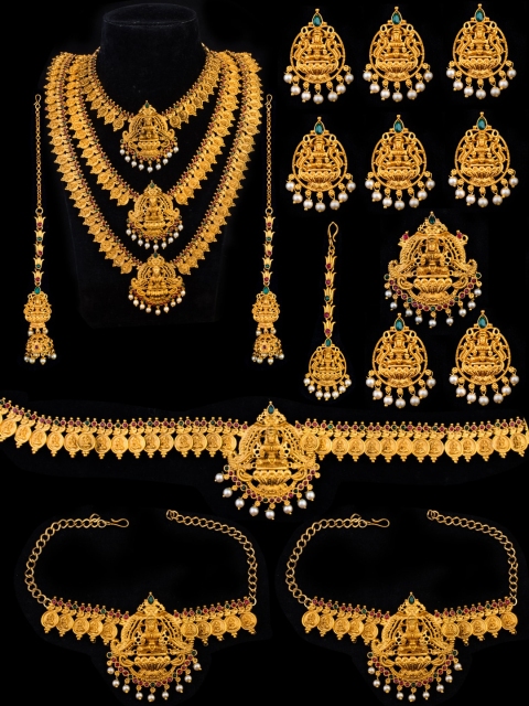 

Alankruthi Gold-Plated Pink & Green Stone-Studded & White Beaded Laxmi Coin Temple Bridal Jewellery Set