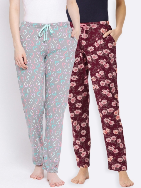

Kanvin Women Pack of 2 Printed Pure Cotton Lounge Pants, Maroon