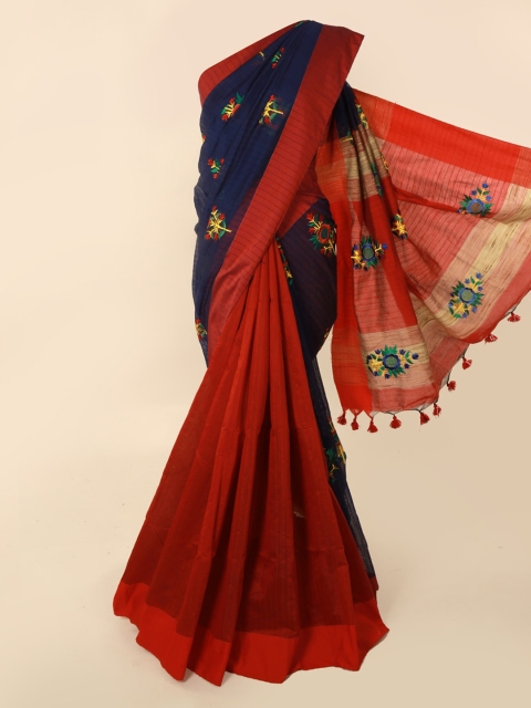 

Pothys Blue & Red Cotton Blend Colourblocked Saree