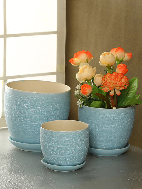 

TAYHAA Set Of 3 Blue Ceramic Flower Vases
