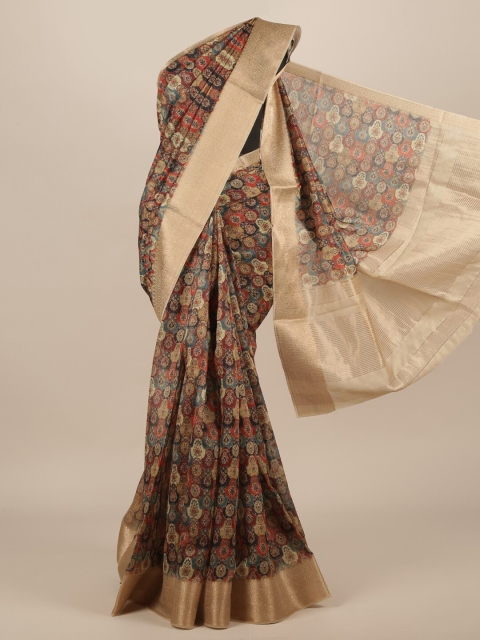 Pothys Brown Printed Jute Silk Saree