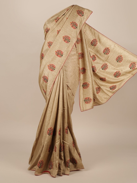 Pothys Tan Brown Pure Silk Embroidered Tussar Saree